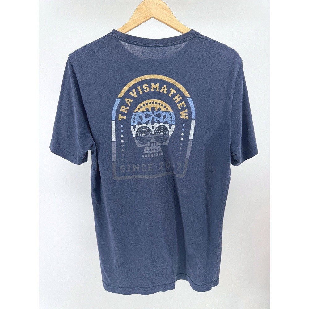 TravisMathew T Shirt Mens M Blue Pima Cotton Sugar Skull Graphic Tee